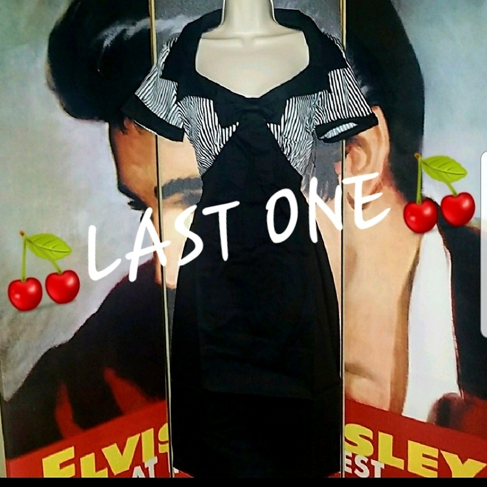 Lindy Bop Laney 1940's Pencil Dress Black Stripe w V Neck & Bow & Back Kickpleat
